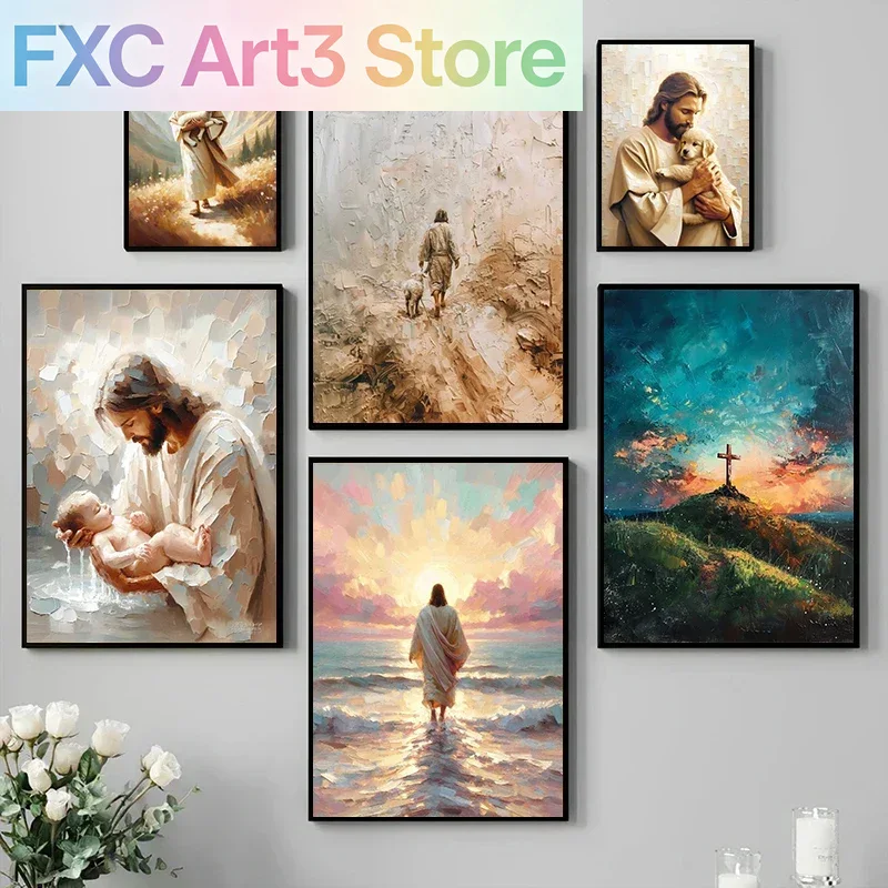 Resin Art On Canvas - 1pc frameless,Walking on Water/Shepherd Jesus Christian